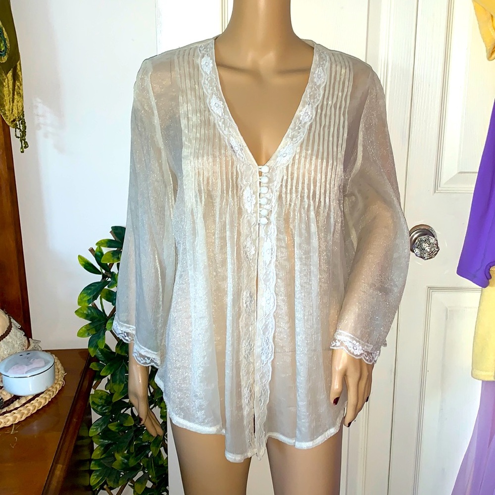 SHEER V neckline Lacey gold shimmer chiffon tunic blouse top L